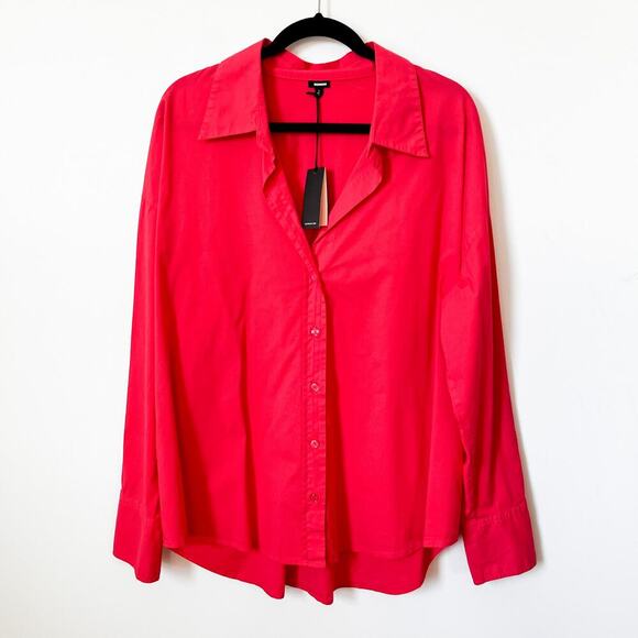 NWT Monrow V-Neck Poplin Button Down Long Sleeve Shirt Pink Womens Large - Picture 1 of 11